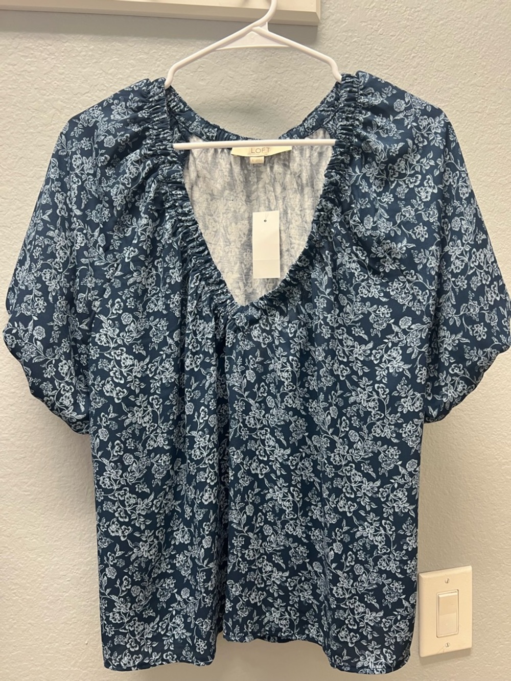 LOFT Navy Blue Floral Ruffle V-Neck Blouse